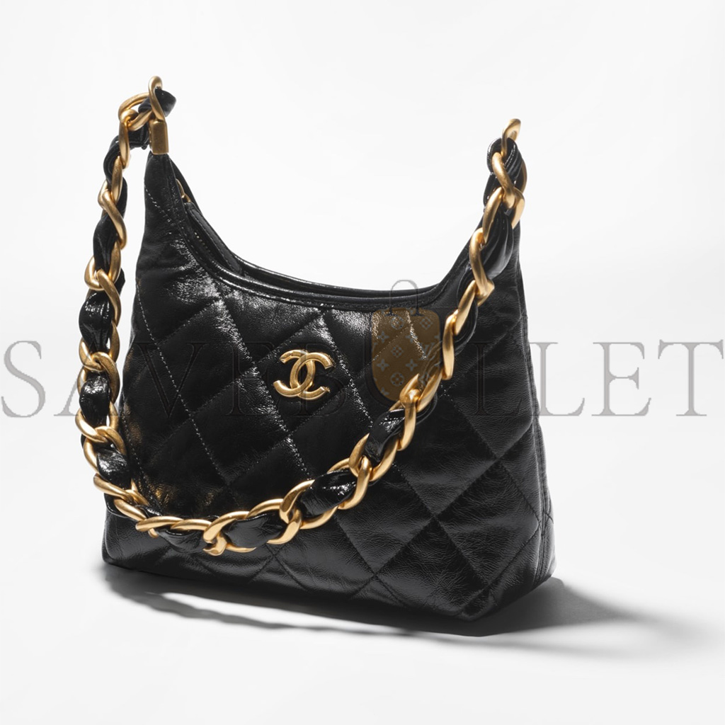 Ch*el master small hobo bagshiny lambskin goldtone metallic black as4922 (22.5*19.5*8.5cm)